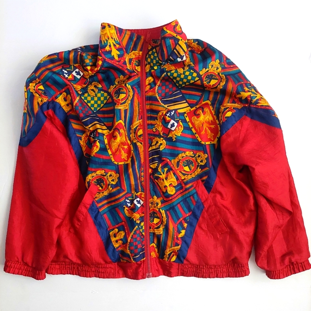 Vtg 90 Jennifer Moore Double Sided Print Womens Windbreaker Sz M Crest Red Gold